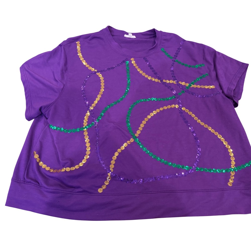Mary Square Mardi Gras Sequin Bead Strand Purple Short Sleeve Top 2X Festival